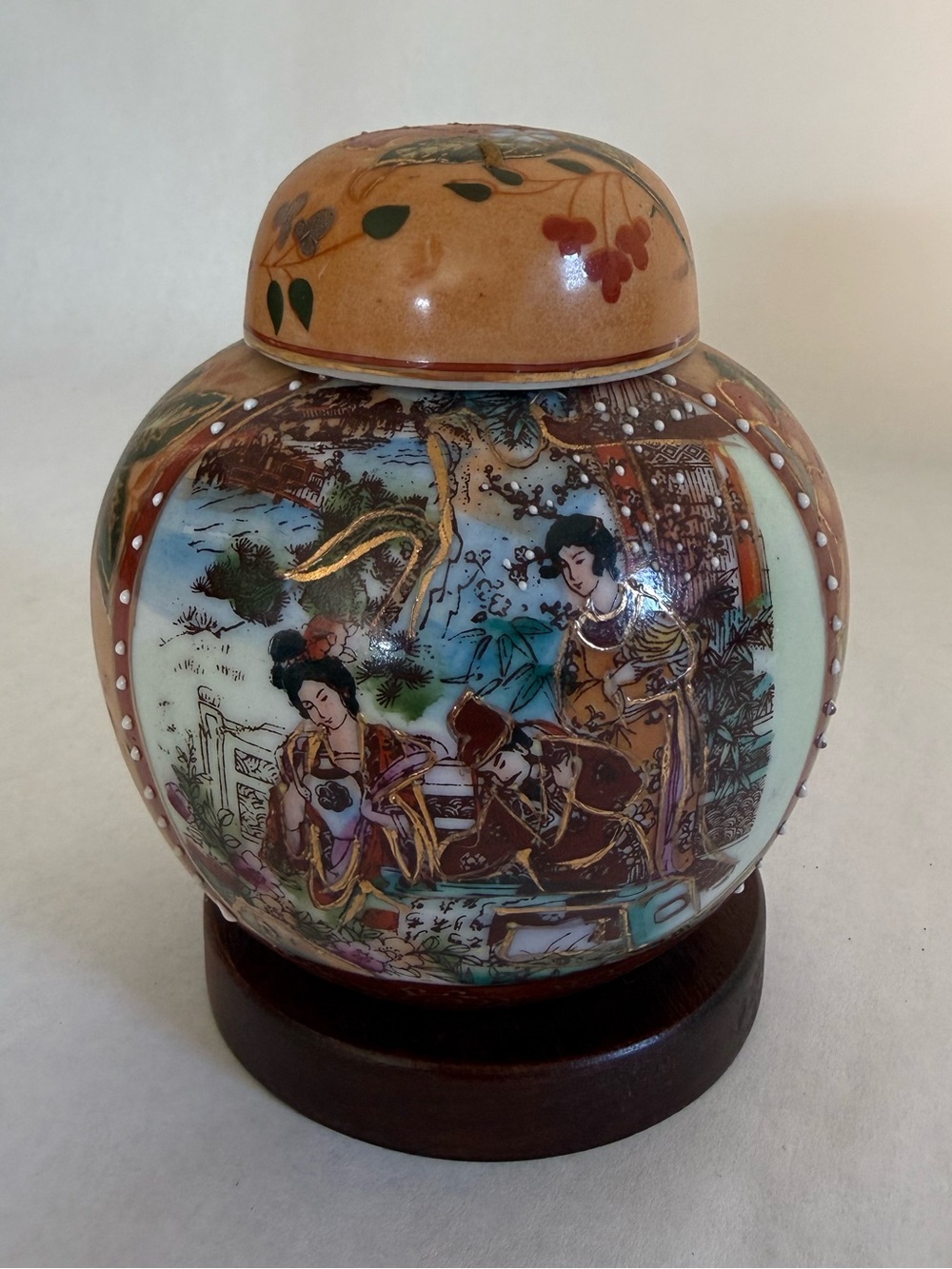 Vintage Hand-Painted Ceramic Ginger Jar - Multicolor with Stand